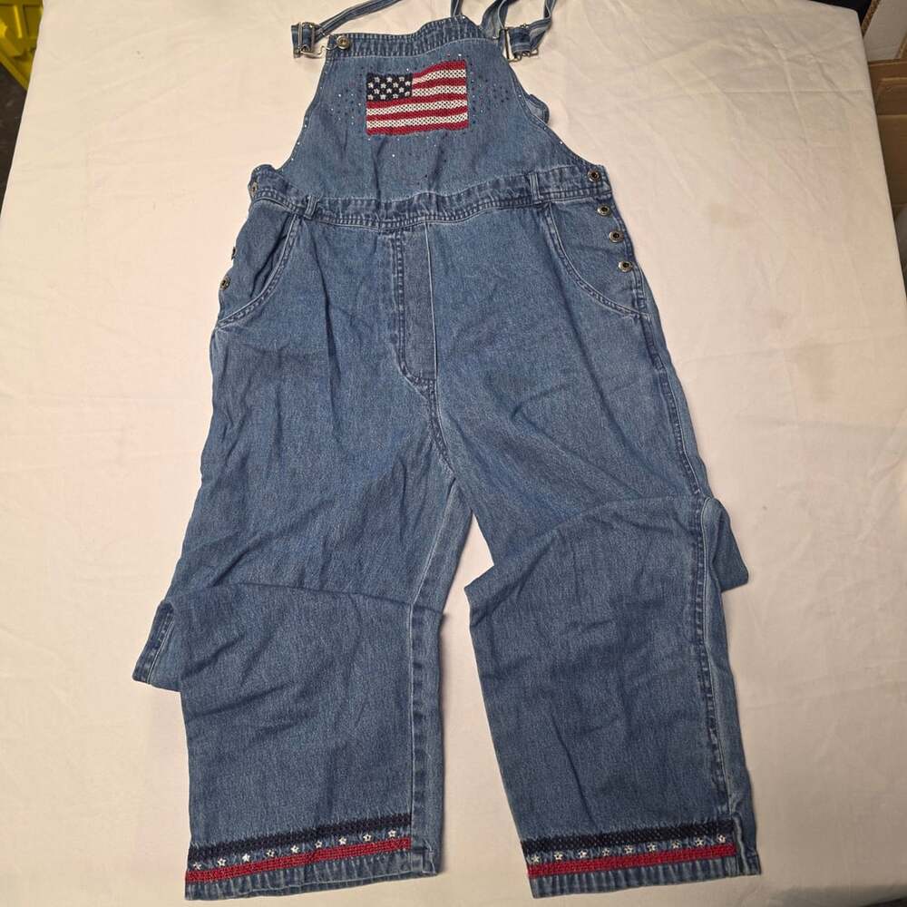 Agapo Vintage American Flag Cross Stitch Denim Overalls Medium